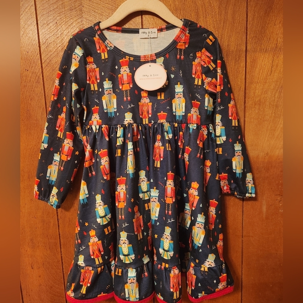 Abby & Evie Nutcracker Navy Print Girl's Long-Sleeve Dress, S2T, NWT